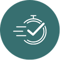 green circle with icon of a stopwatch with lines showing speed