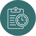 green circle with icon of clipboard and a clock