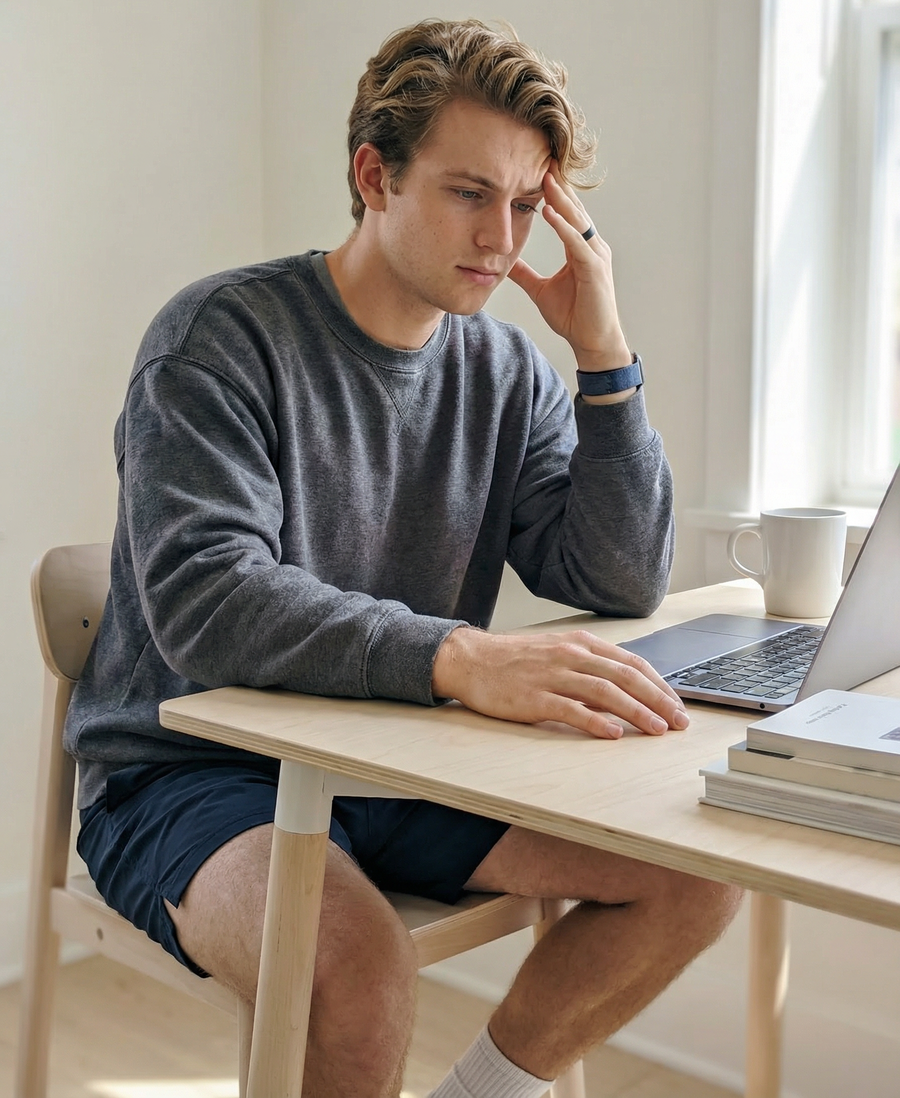 Man looking stressed at laptop, seated at desk near window.