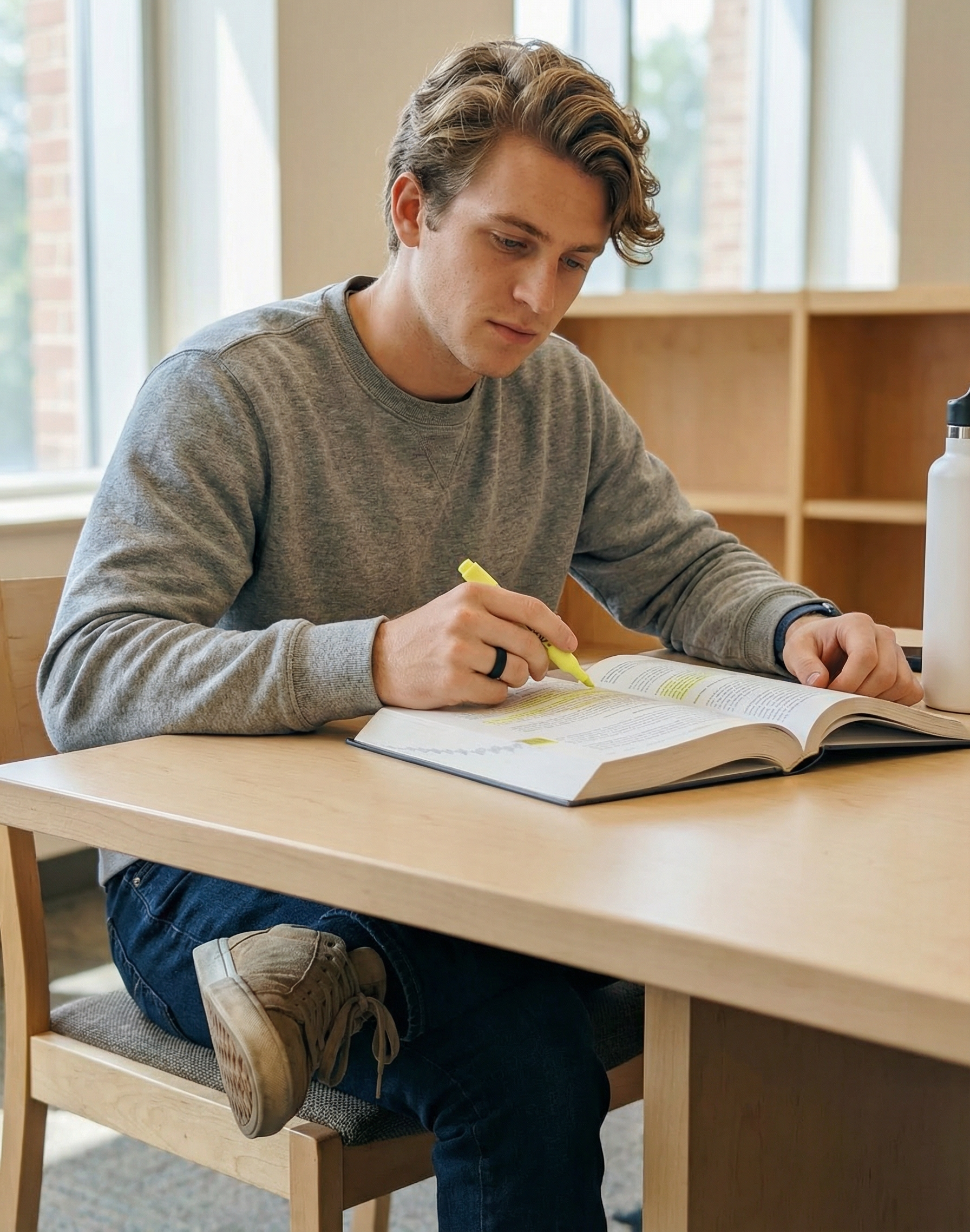 Man studying at a desk, highlighting text in a book. He wears a gray sweater. A water bottle sits nearby.