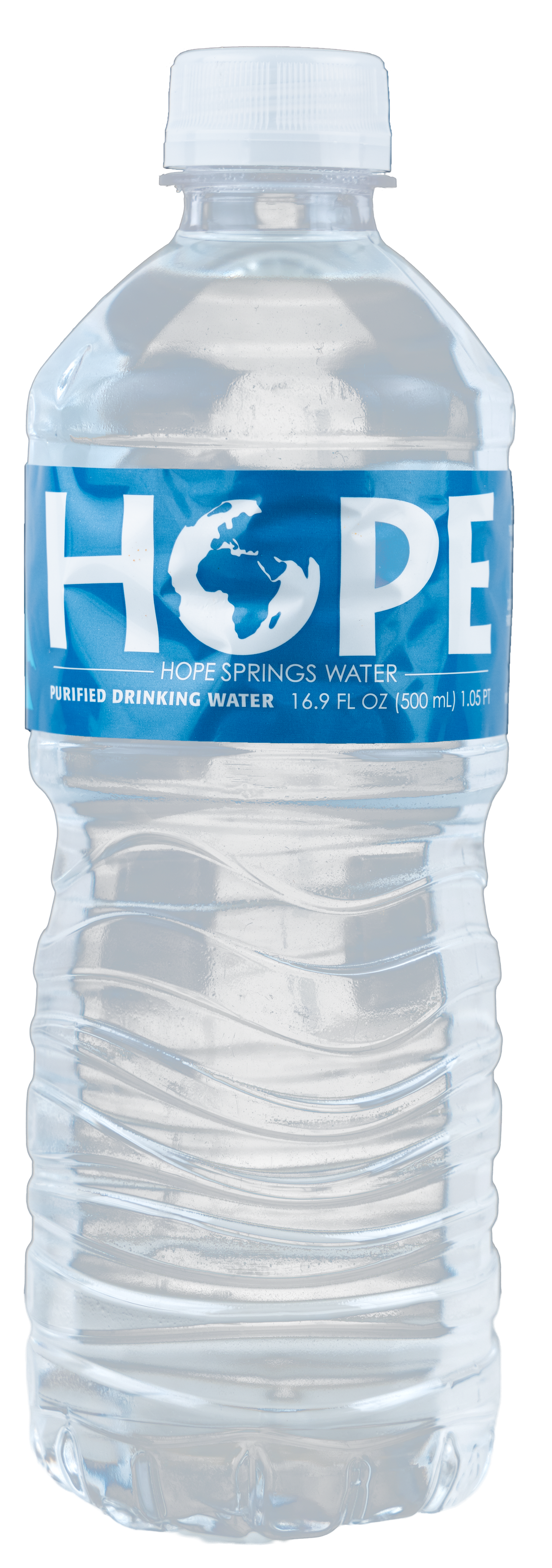 A bottle of hope water with a blue label on a white background.