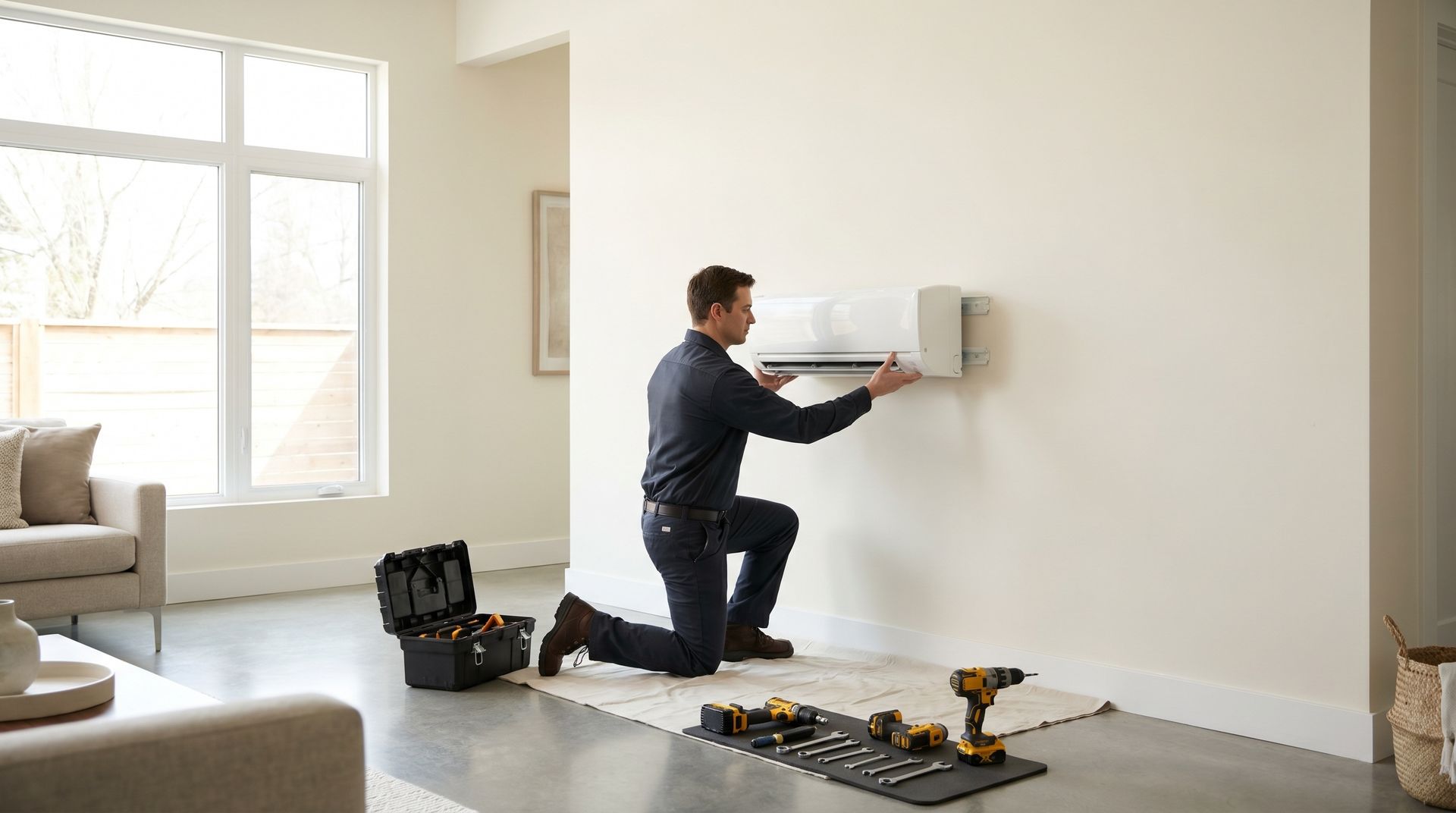 A technician installing a wall-mounted mini-split unit in a home living room.