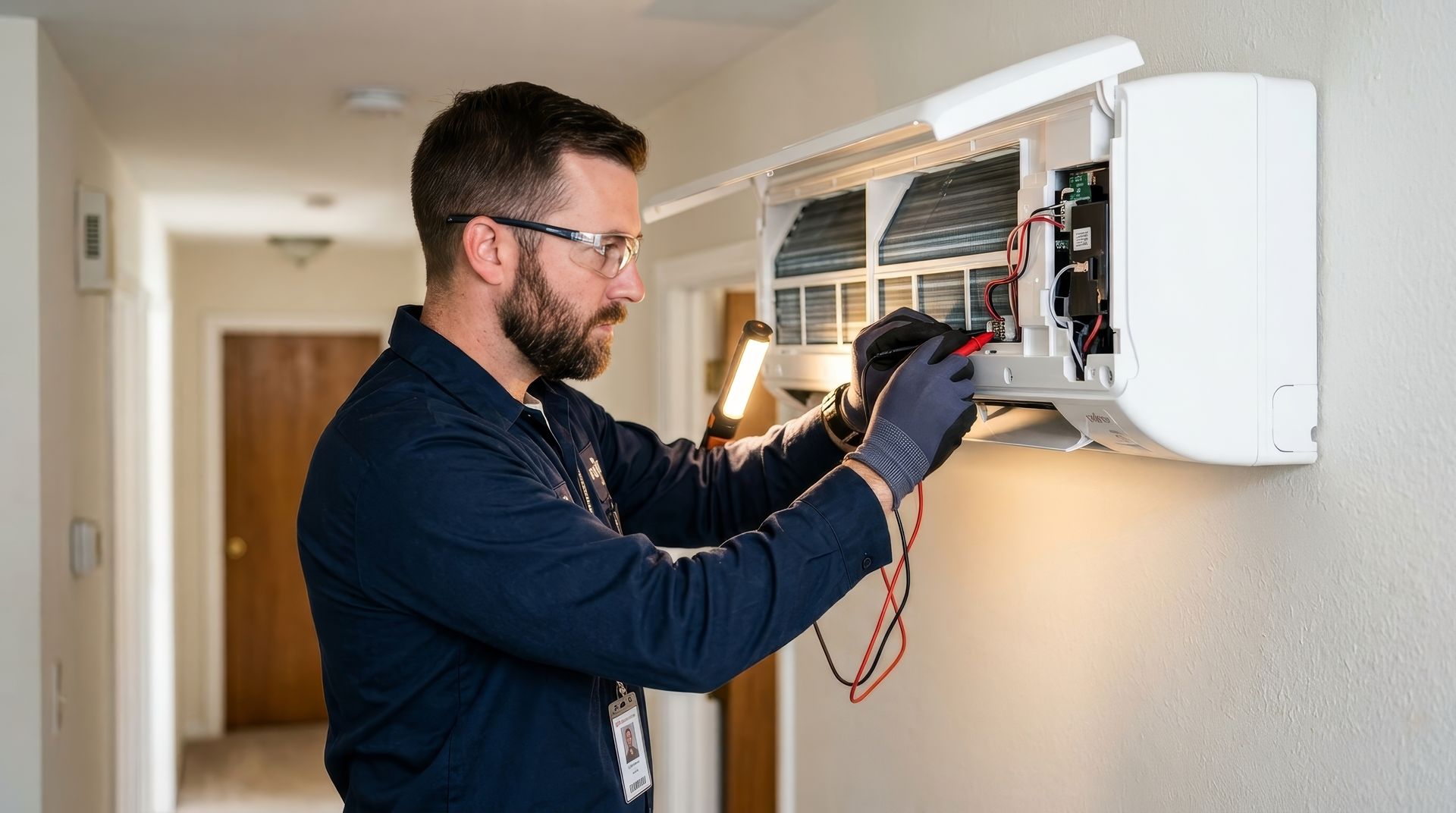 HVAC technician diagnosing and repairing a wall-mounted air conditioning system indoors.