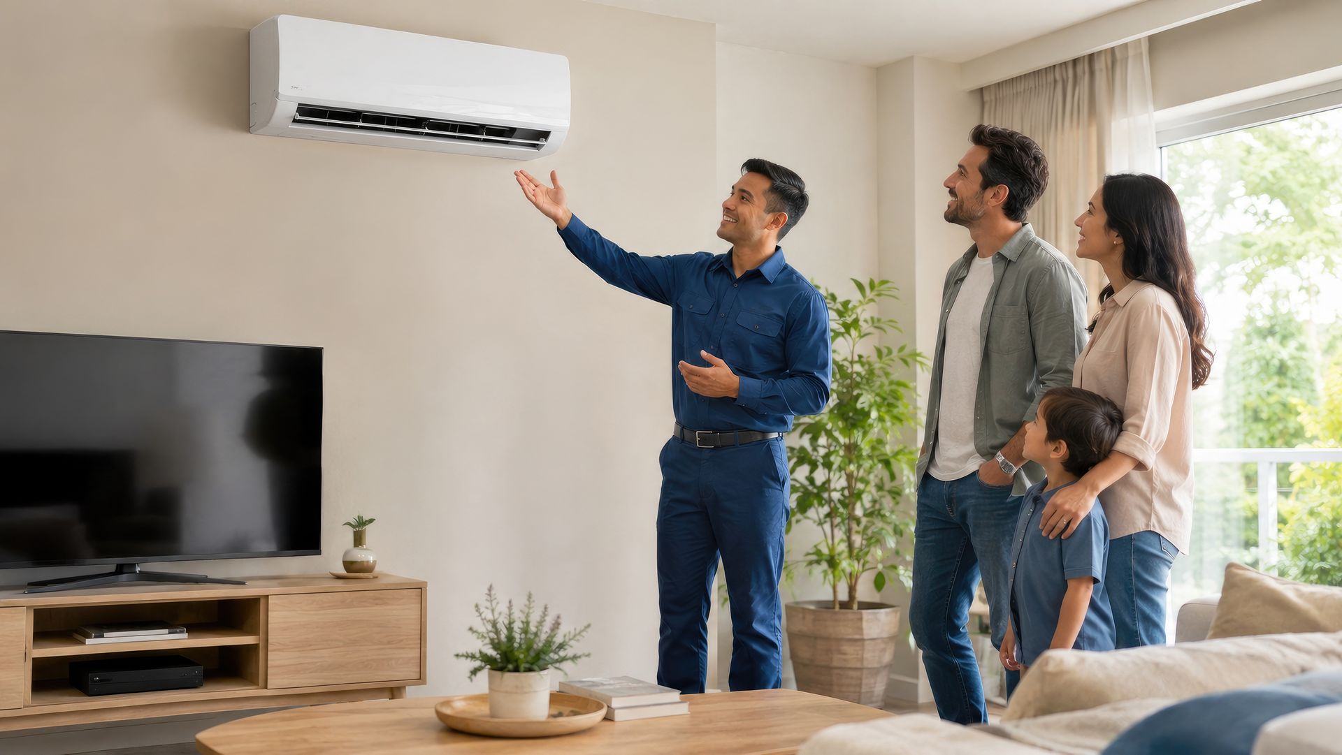 Technician showing a family a wall-mounted mini split in a living room
