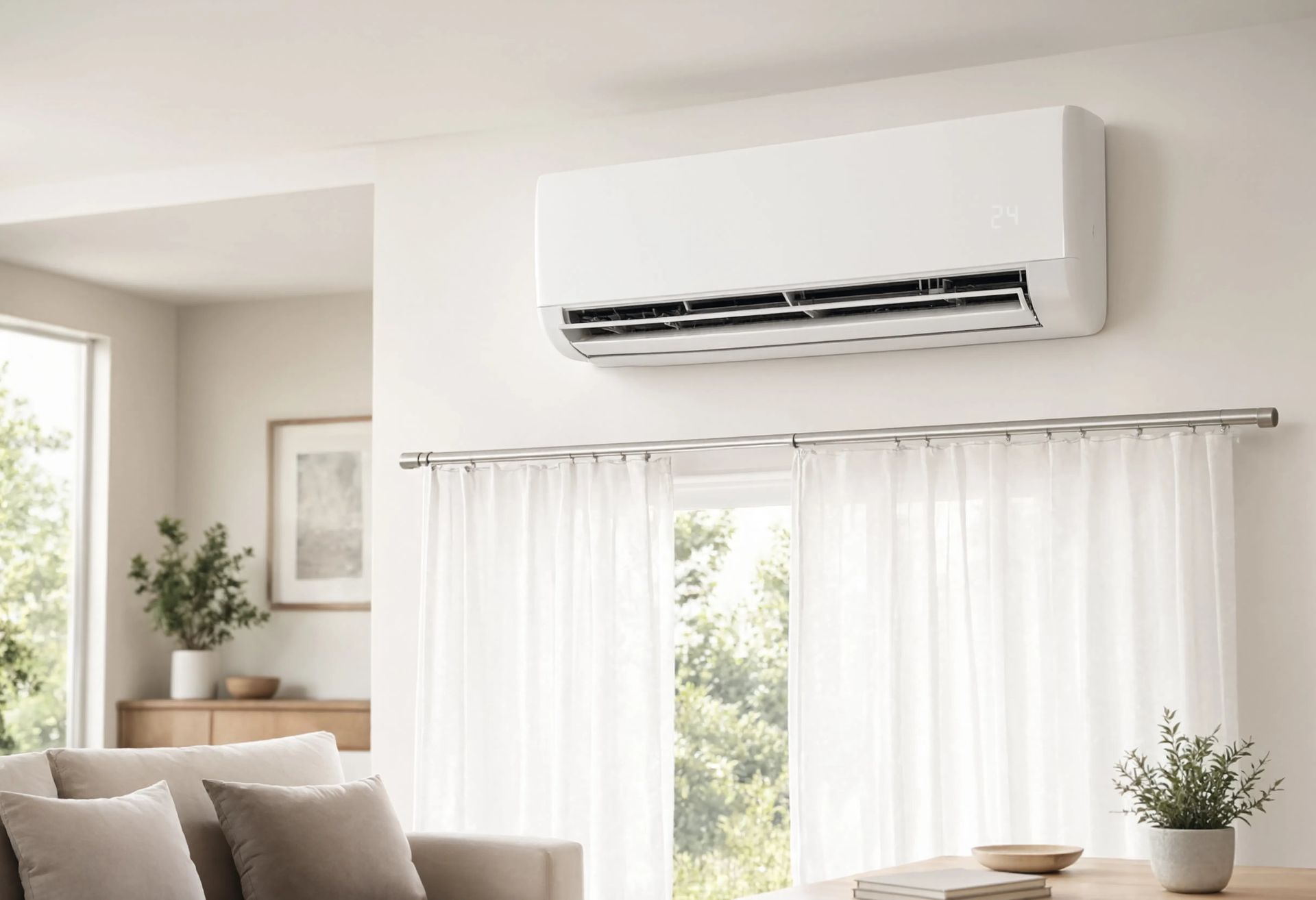 White wall-mounted ductless mini split AC unit in a bright living room White wall-mounted ductless mini split AC unit in a bright living room
