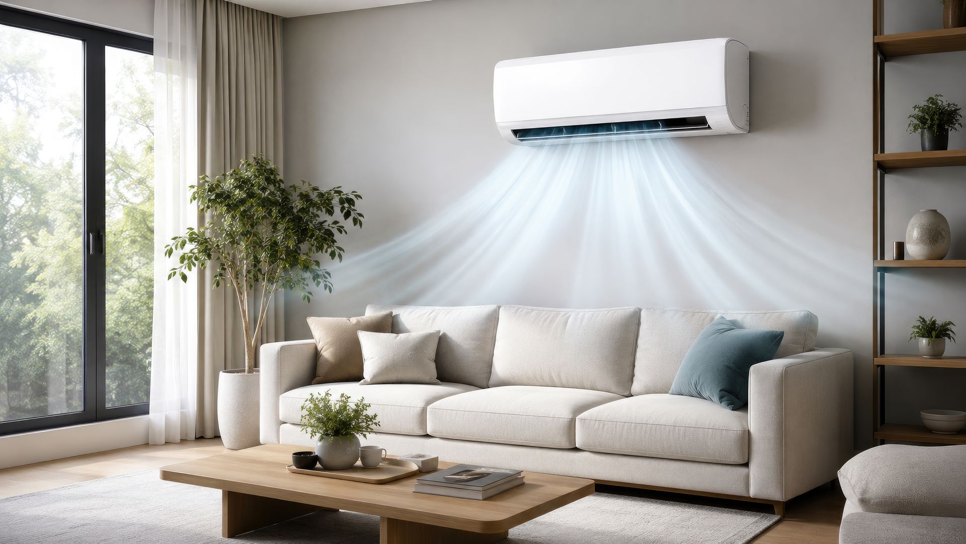 Wall-mounted ductless mini split cooling a living room