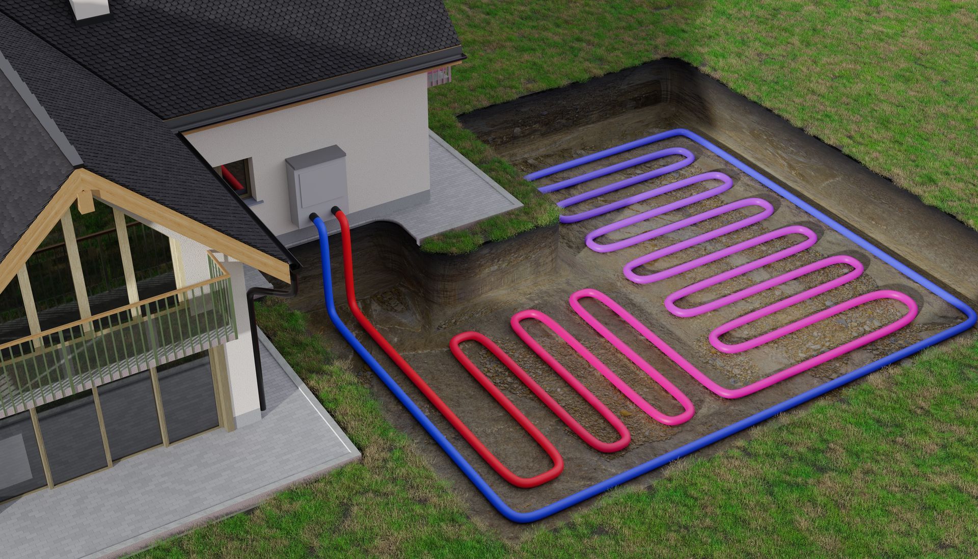 House with rooftop unit connected to red and blue ground-loop pipes in a yard