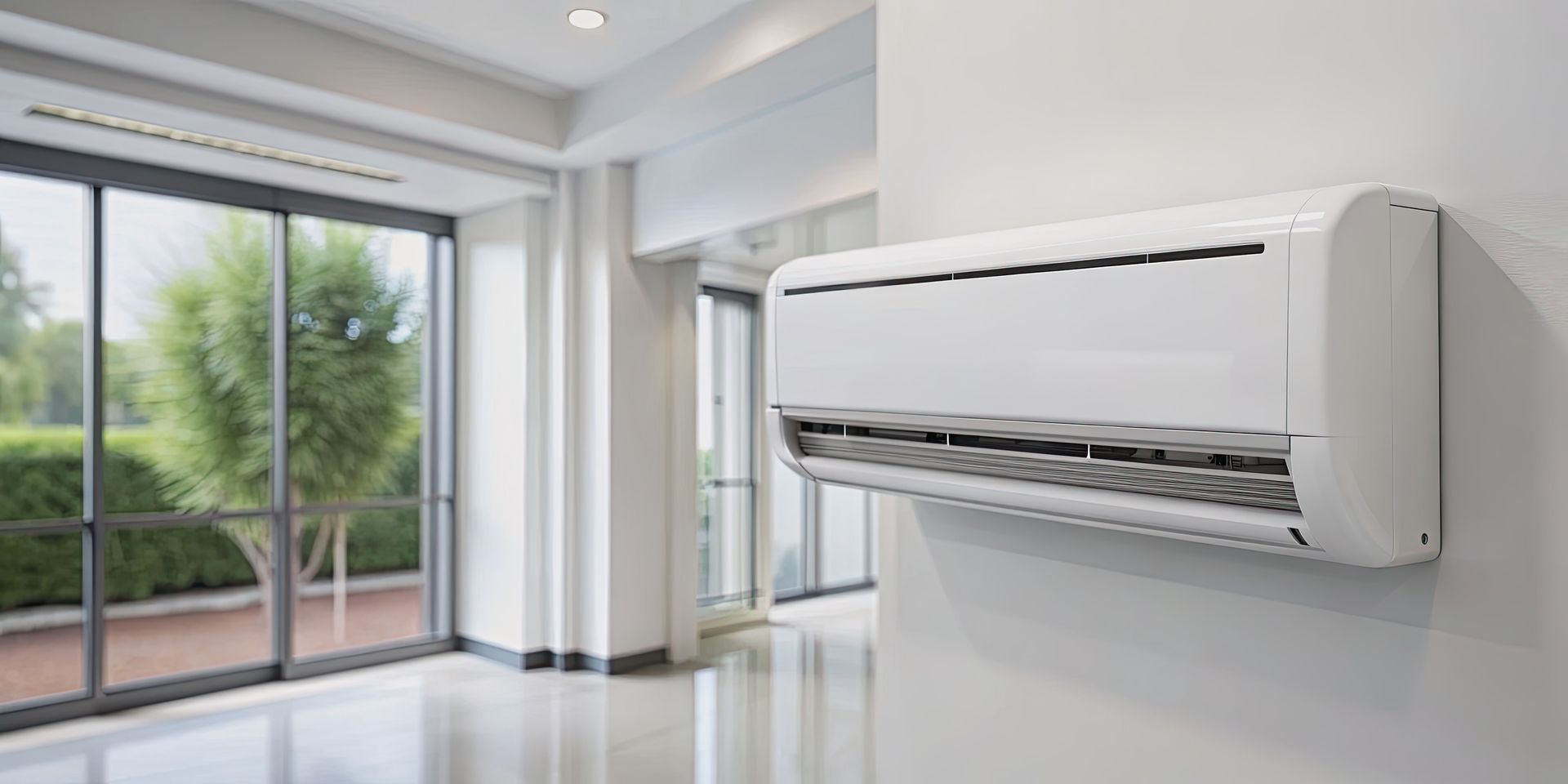 Wall-mounted white ductless mini split air conditioner in a bright room with windows