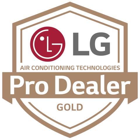 LG Air Conditioning Technologies Pro Dealer Gold badge logo in tan, gray, and red