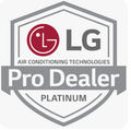 LG Air Conditioning Technologies Pro Dealer Gold badge logo in tan, gray, and red LG Air Conditioning Technologies Platinum Certified badge logo in tan, gray, and red