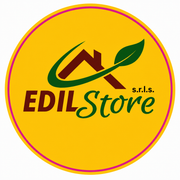 Logo di EDILStore srls su sfondo giallo con decorazione a foglie di tetto verdi e marroni.