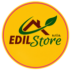 Logo di EDILStore srls su sfondo giallo con decorazione a foglie di tetto verdi e marroni.
