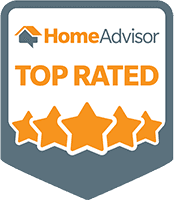 HomeAdvisor Top Rated badge, orange text and stars, on a gray and white background.
