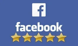 Facebook logo with five gold stars, indicating a five-star rating on a blue background.