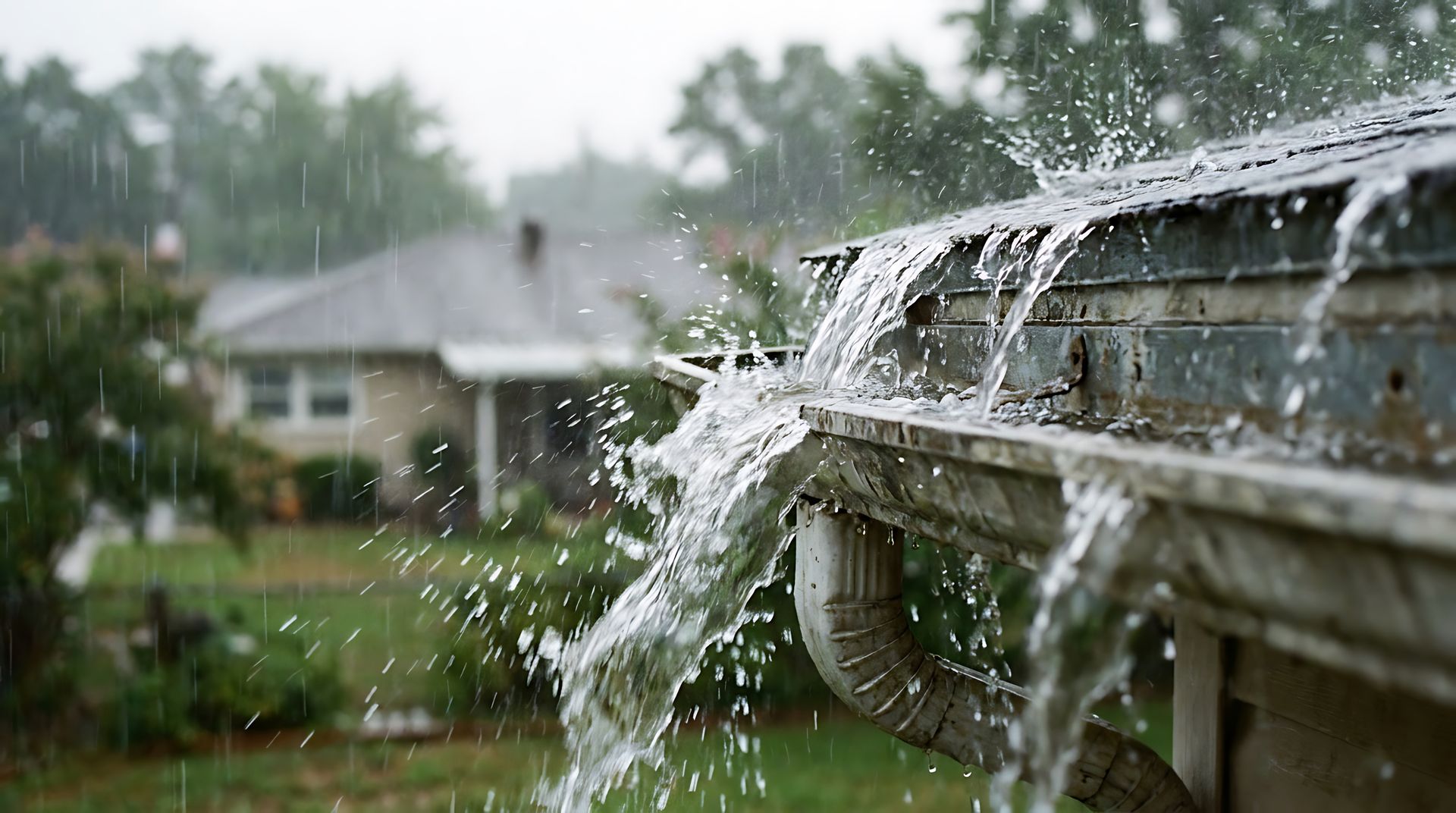 Heavy rain overflowing from gutters causing damage