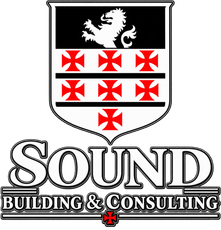 Sound Building & Consulting logo with black-and-white crest and red cross emblems