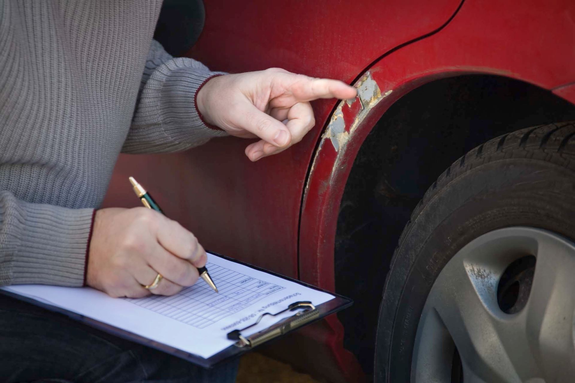 A person is writing on a clipboard in front of a red car.
