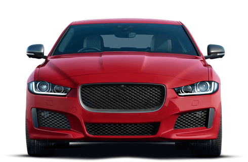 Red Jaguar sedan, front view, black grill, on white background.
