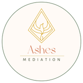 Ashes Mediation logo with gold emblem and text inside a thin green circle on a cream background