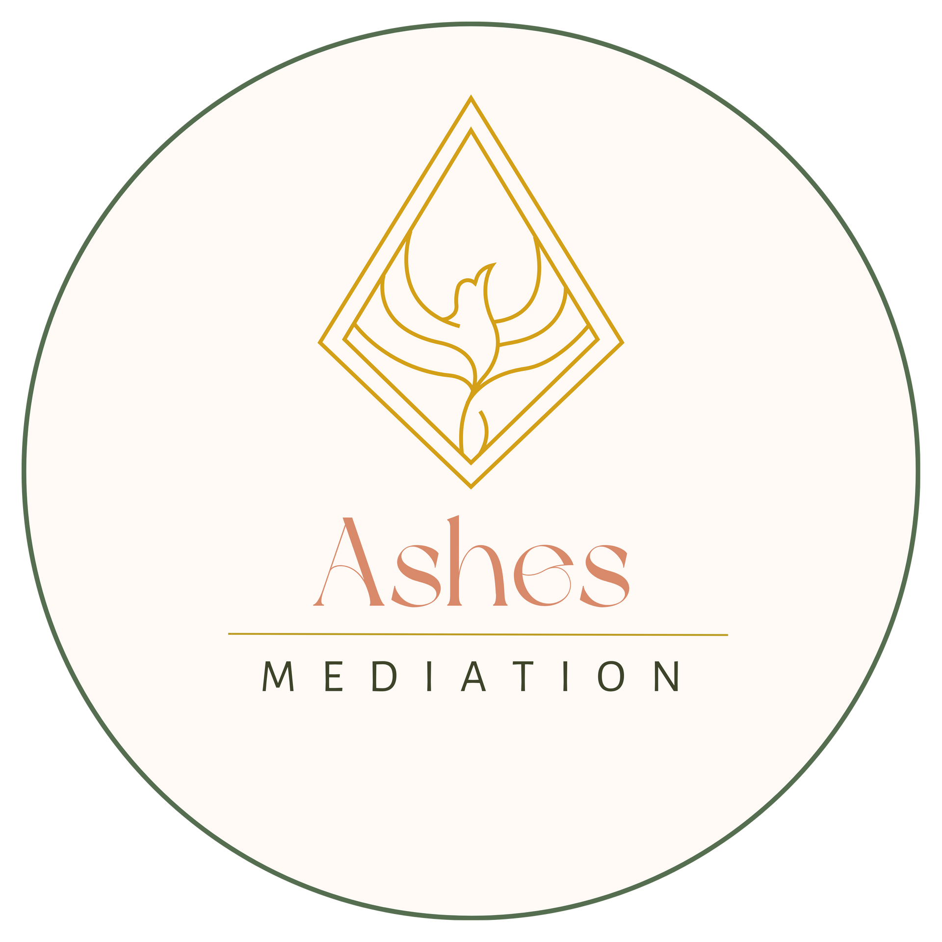 Ashes Mediation logo with gold emblem and text inside a thin green circle on a cream background