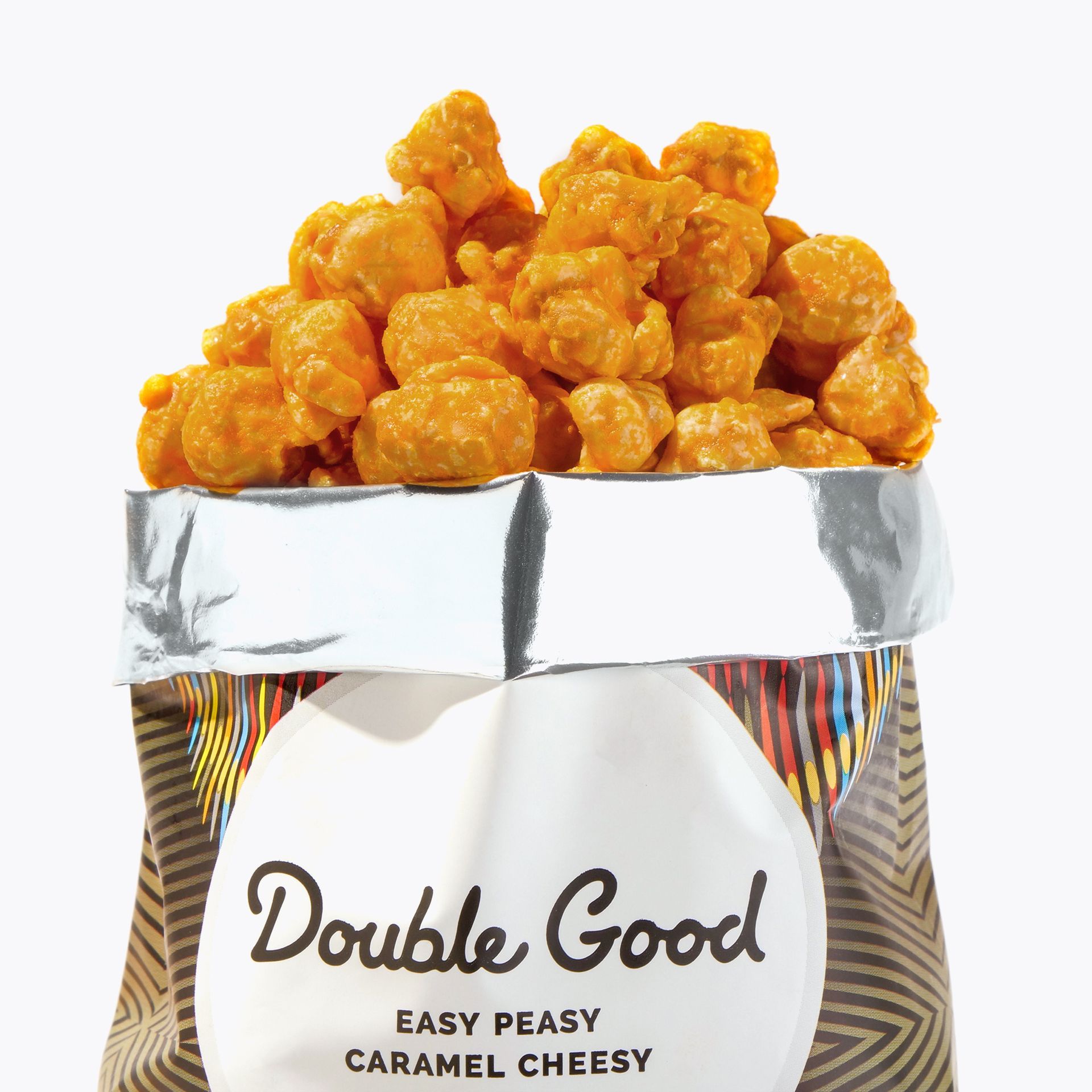Bag of Double Good caramel cheesy popcorn.
