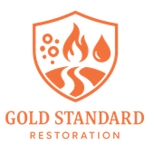 Gold Standard Restoration logo: Orange shield with fire, water, bubbles, and a winding path; text below.
