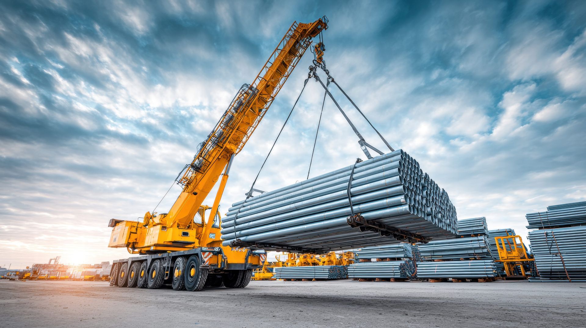 A yellow crane lifts a bundle of steel pipes at a construction site under the sky. A yellow crane lifts a bundle of steel pipes at a construction site under the sky.