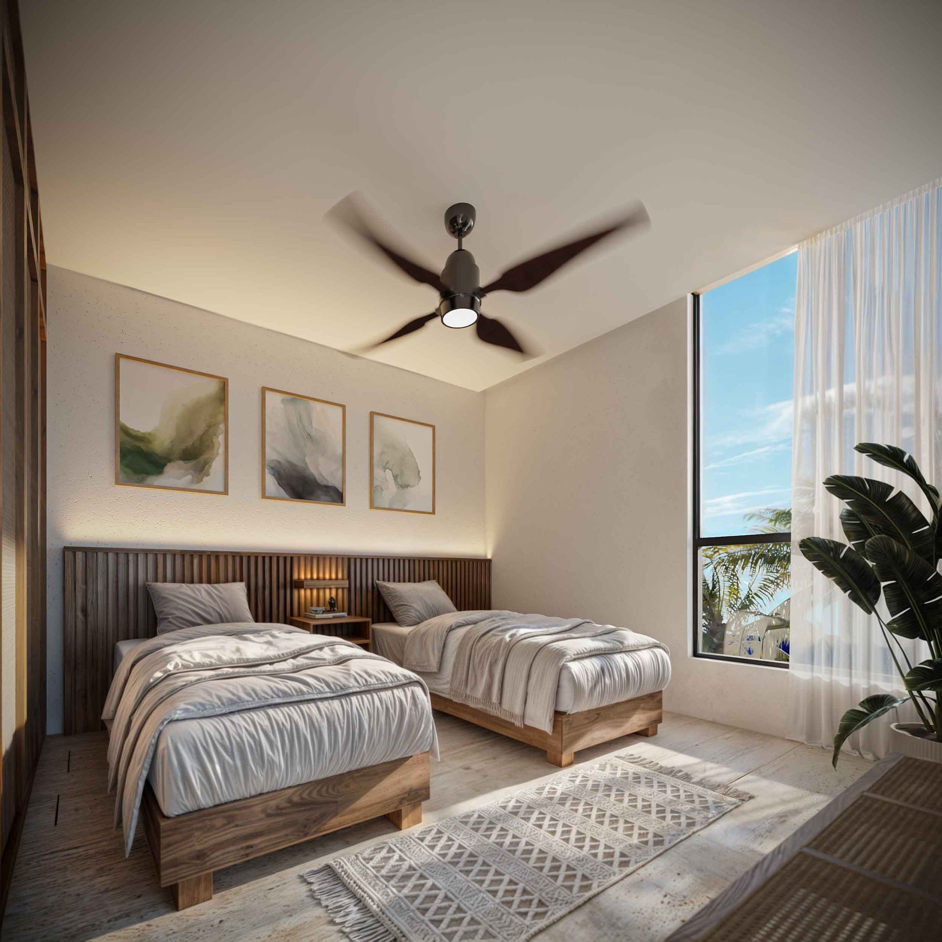 Un dormitorio con dos camas y un ventilador de techo.