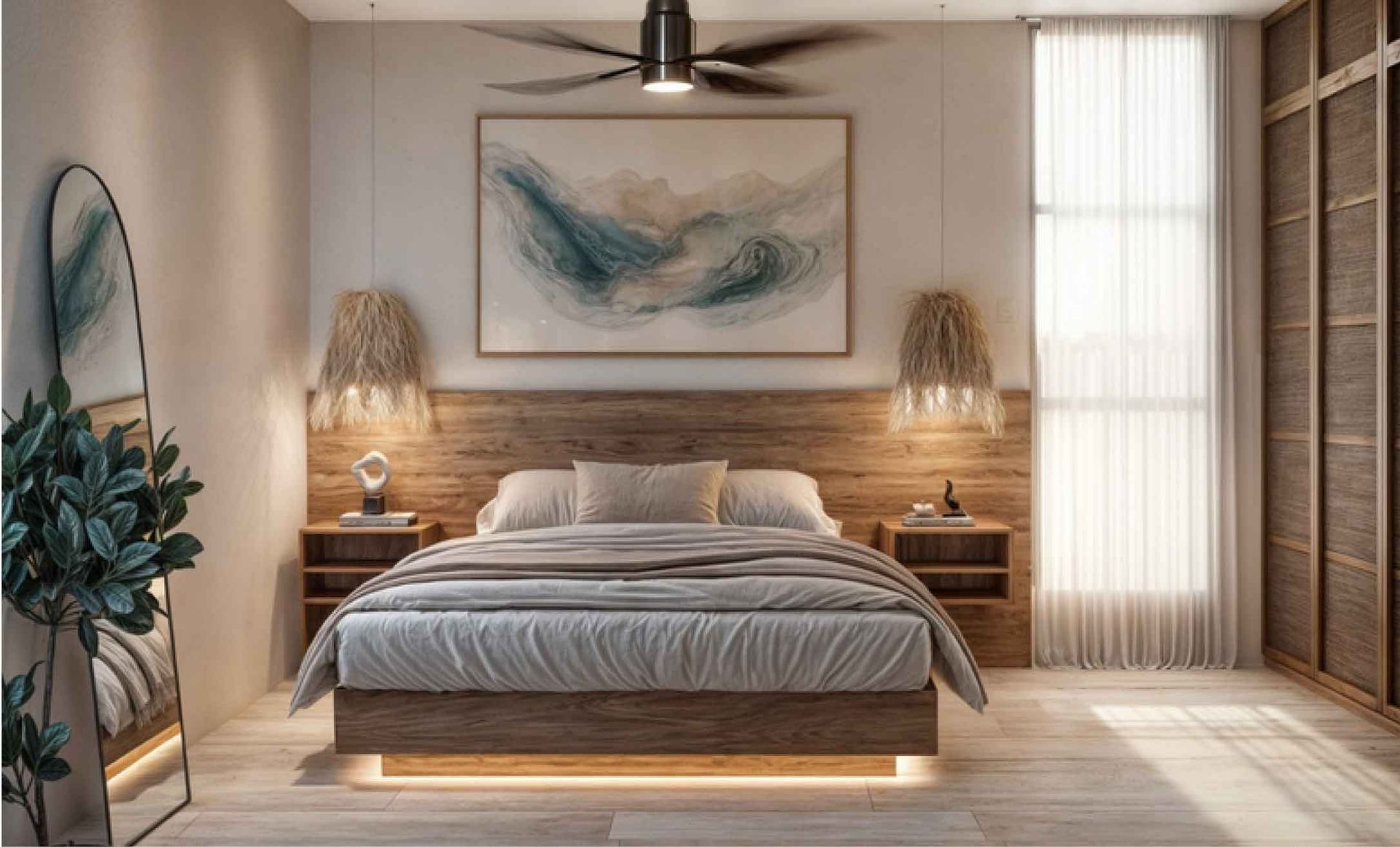 Un dormitorio con una cama grande, un espejo, un ventilador de techo y un cuadro en la pared.