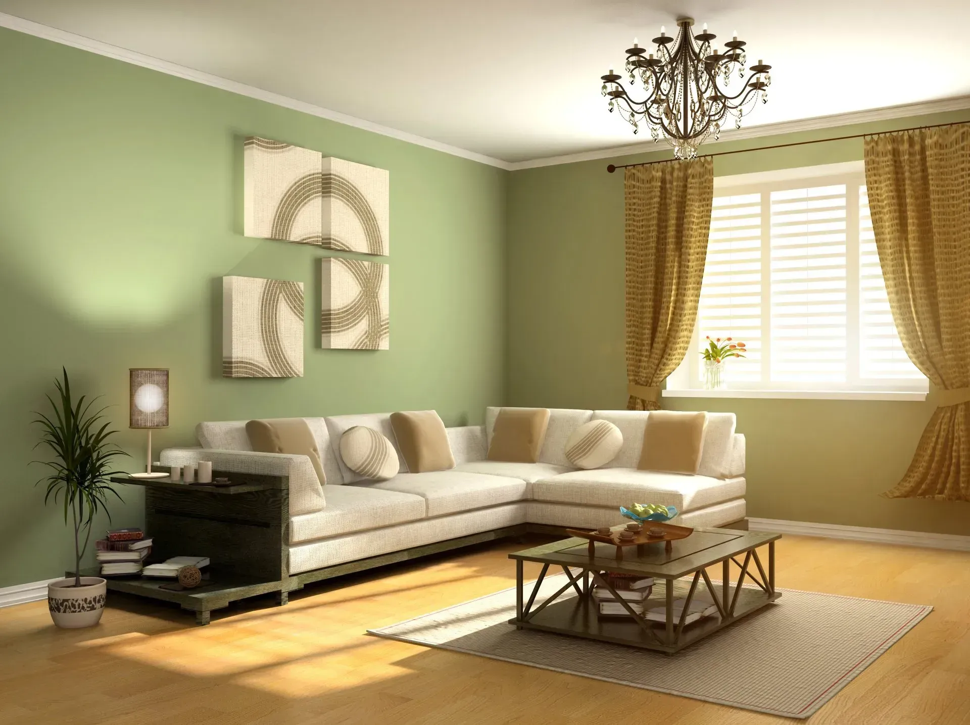 Living room with white sectional sofa, light green walls, and gold curtains.
