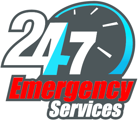 24/7 Emergency Services logo with blue clock outline and red text.