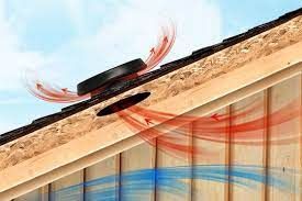 Diagram of a roof vent removing hot air, cold air entering, with arrows showing air flow direction.