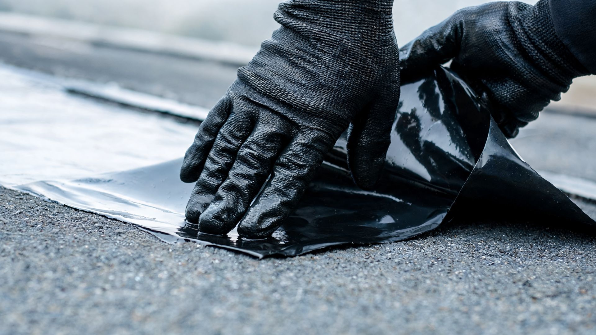 Gloved waterproofing contractor installing a black membrane on a commercial building.
