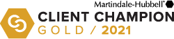 Martindale-Hubbell Client Champion Gold 2021 award badge with gold shield logo