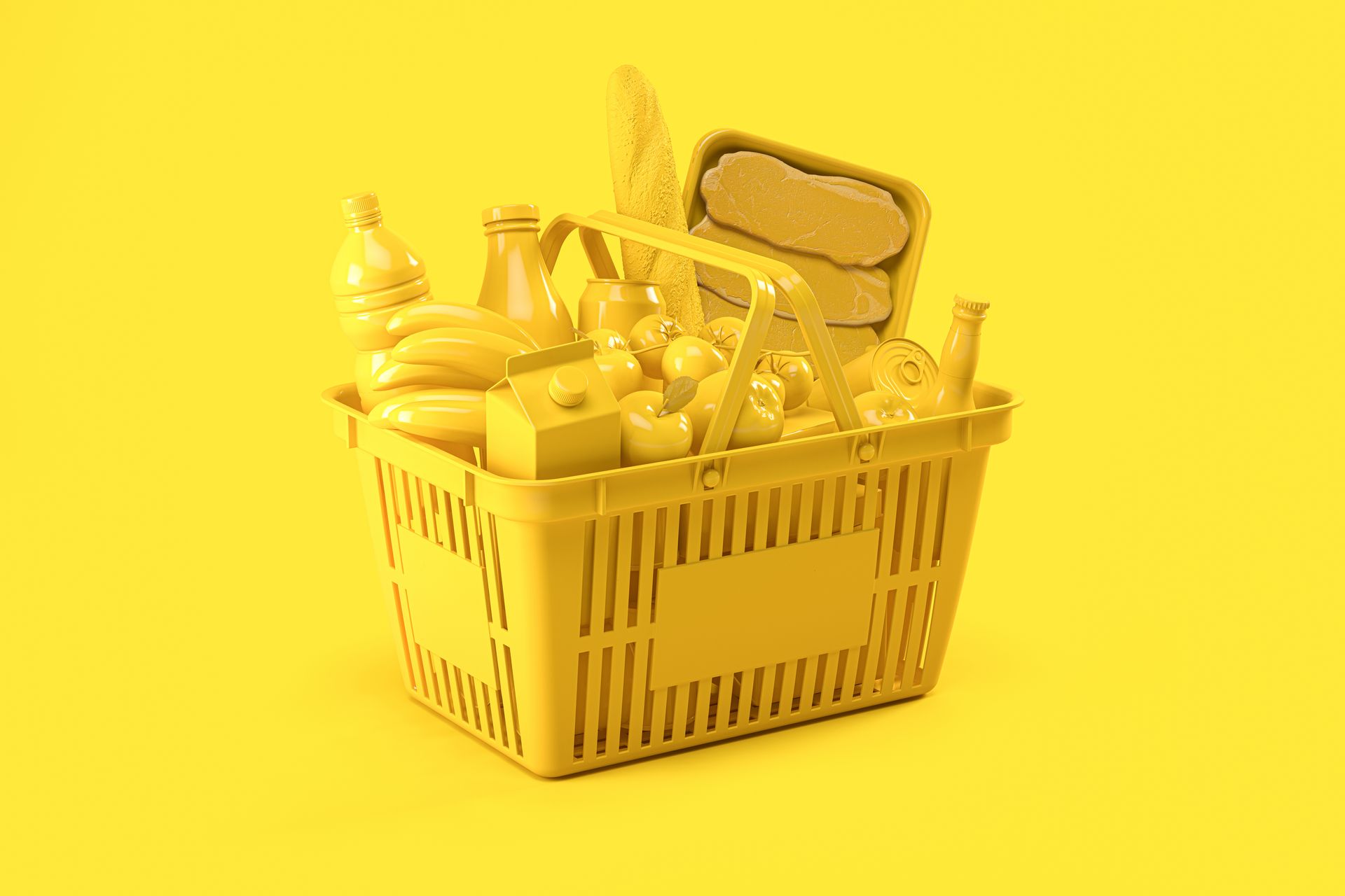 Yellow basket filled with assorted products on a bright yellow background FINN FMCG