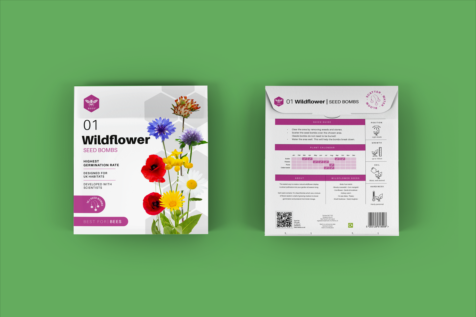 BEES flower seed packaging design with photography and science integration - garden brand marketing