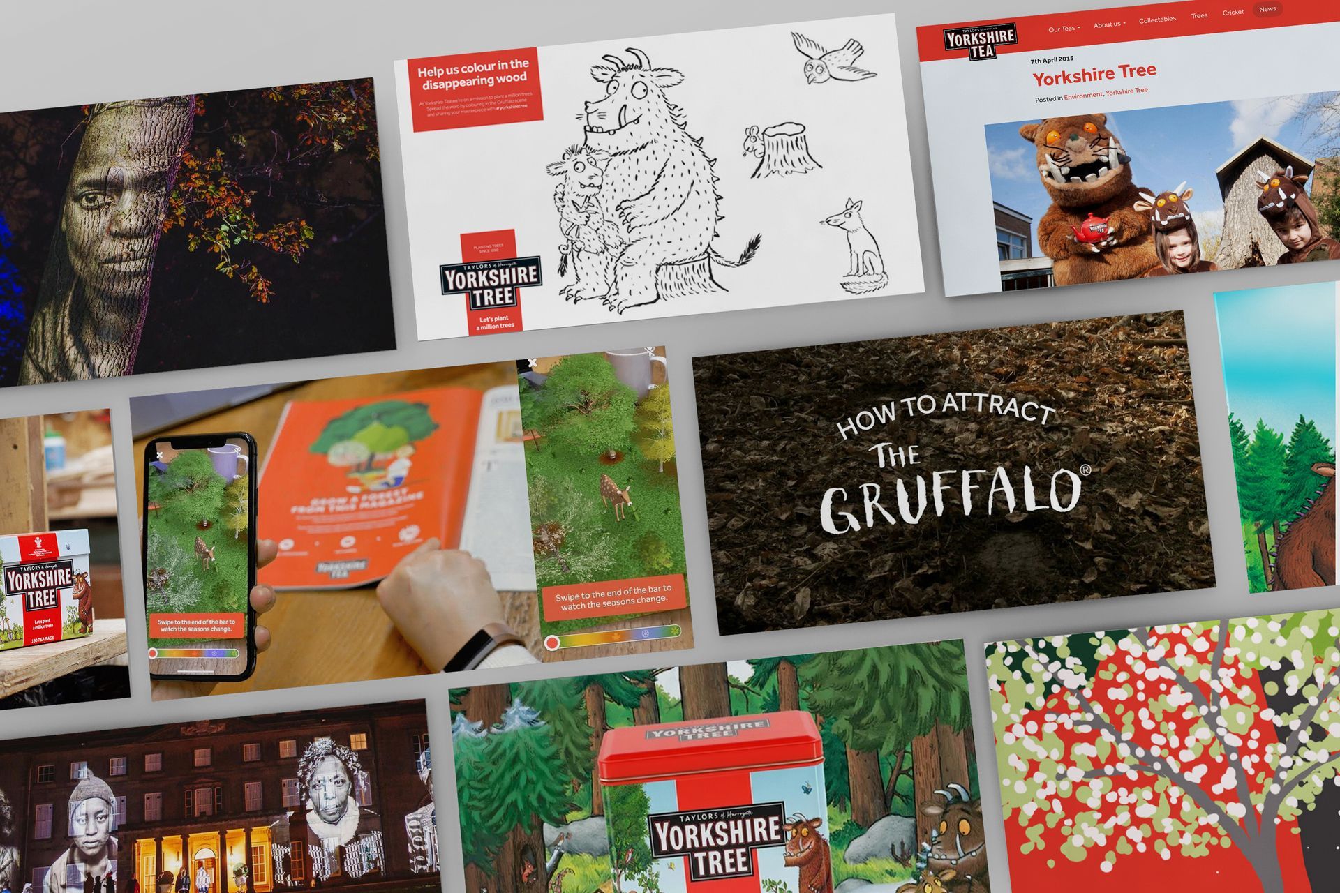 Yorkshire Tea Yorkshire Tree campaign creative collage - family-focused sustainability Finn marketing