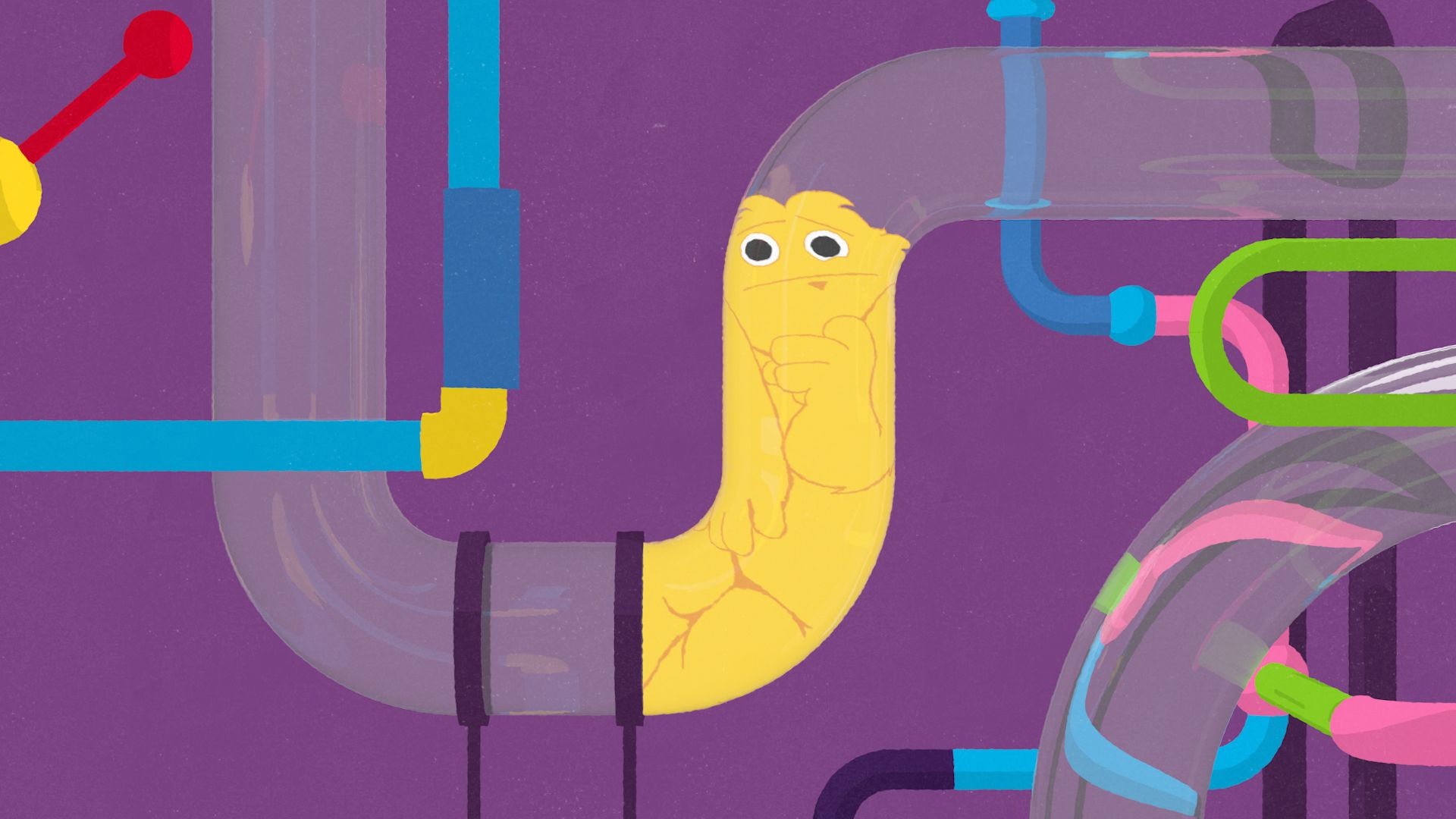 A cartoon worm is coming out of a pipe on a purple background.