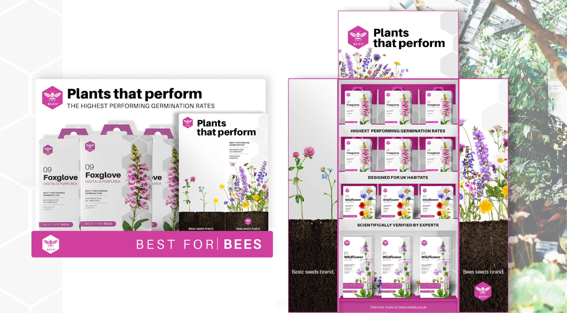 BEES flower seed packaging design with photography and science integration - garden brand marketing
