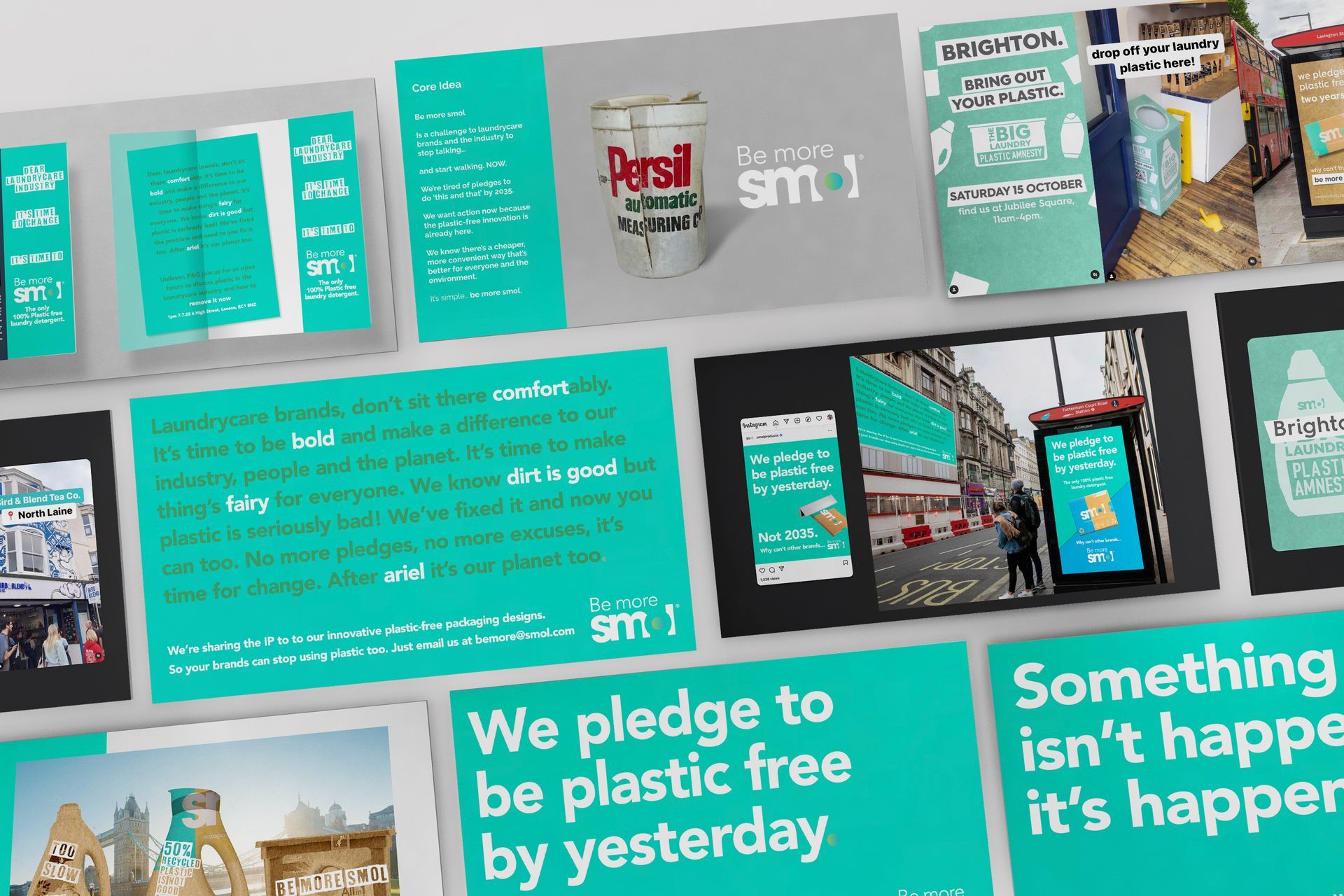 A collage of posters that say we pledge to be plastic free by yesterday