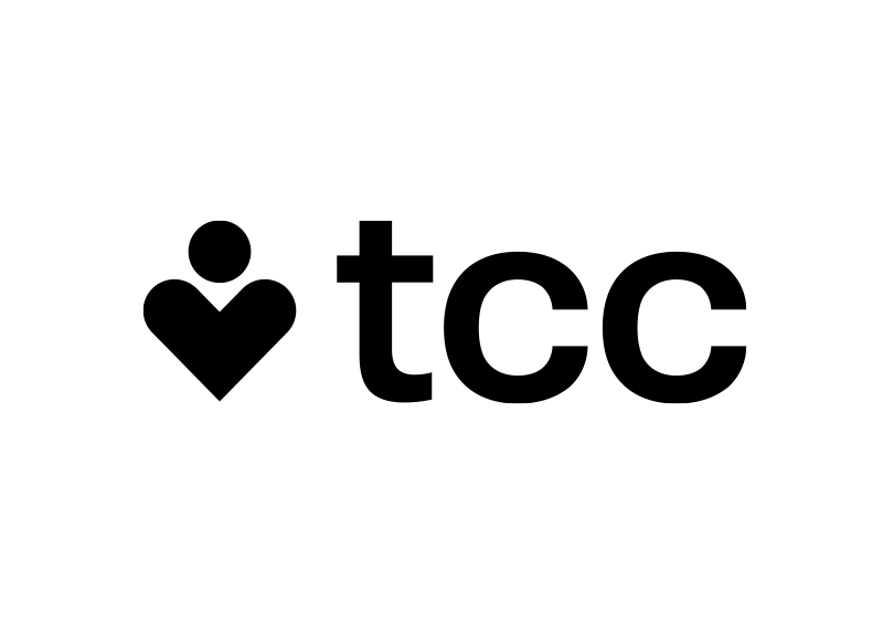 A black and white logo for tcc with a heart.