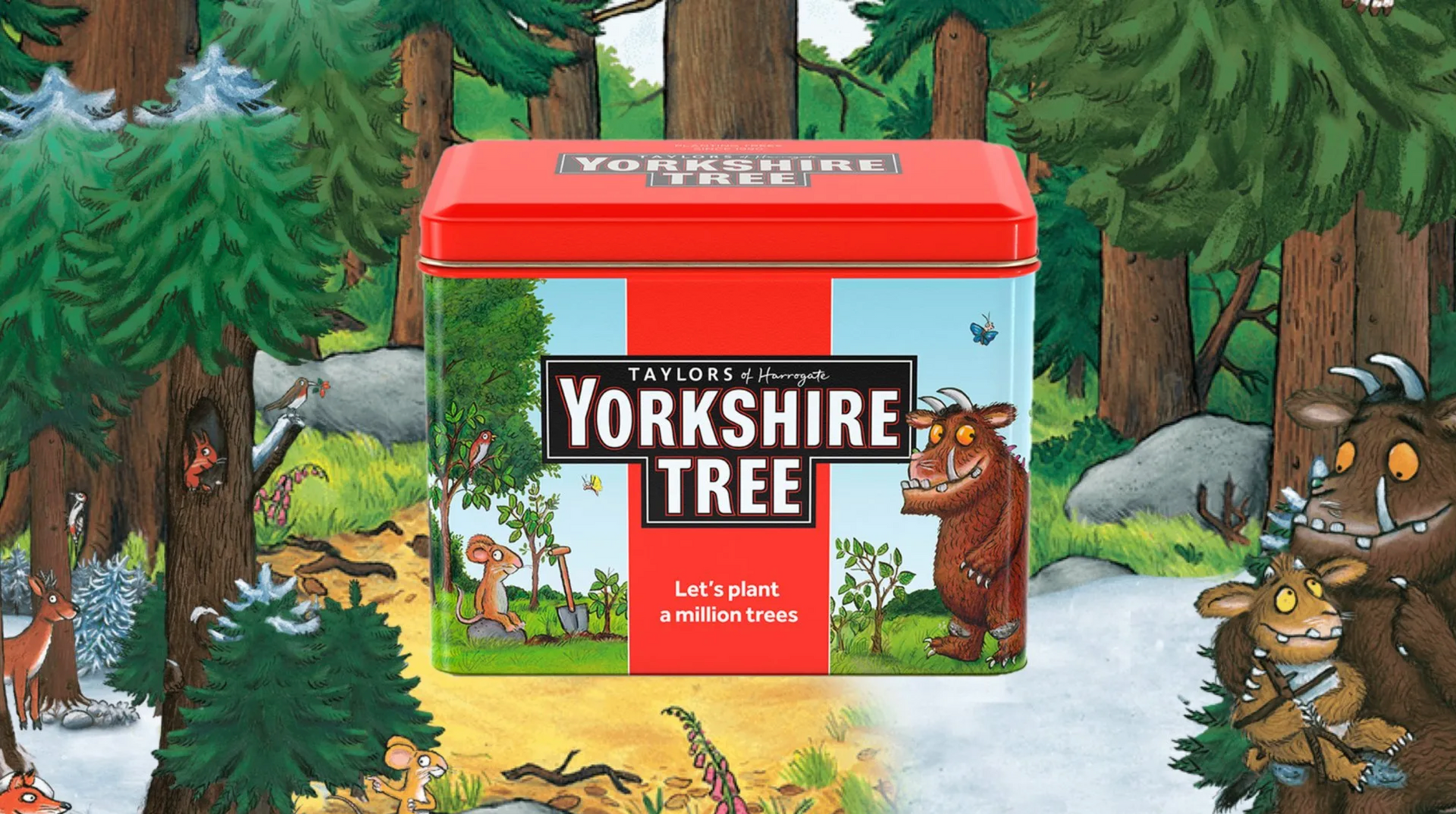 Yorkshire Tea Yorkshire Tree campaign tin featuring Gruffalo characters - beverage sustainability marketing by Finn Agency