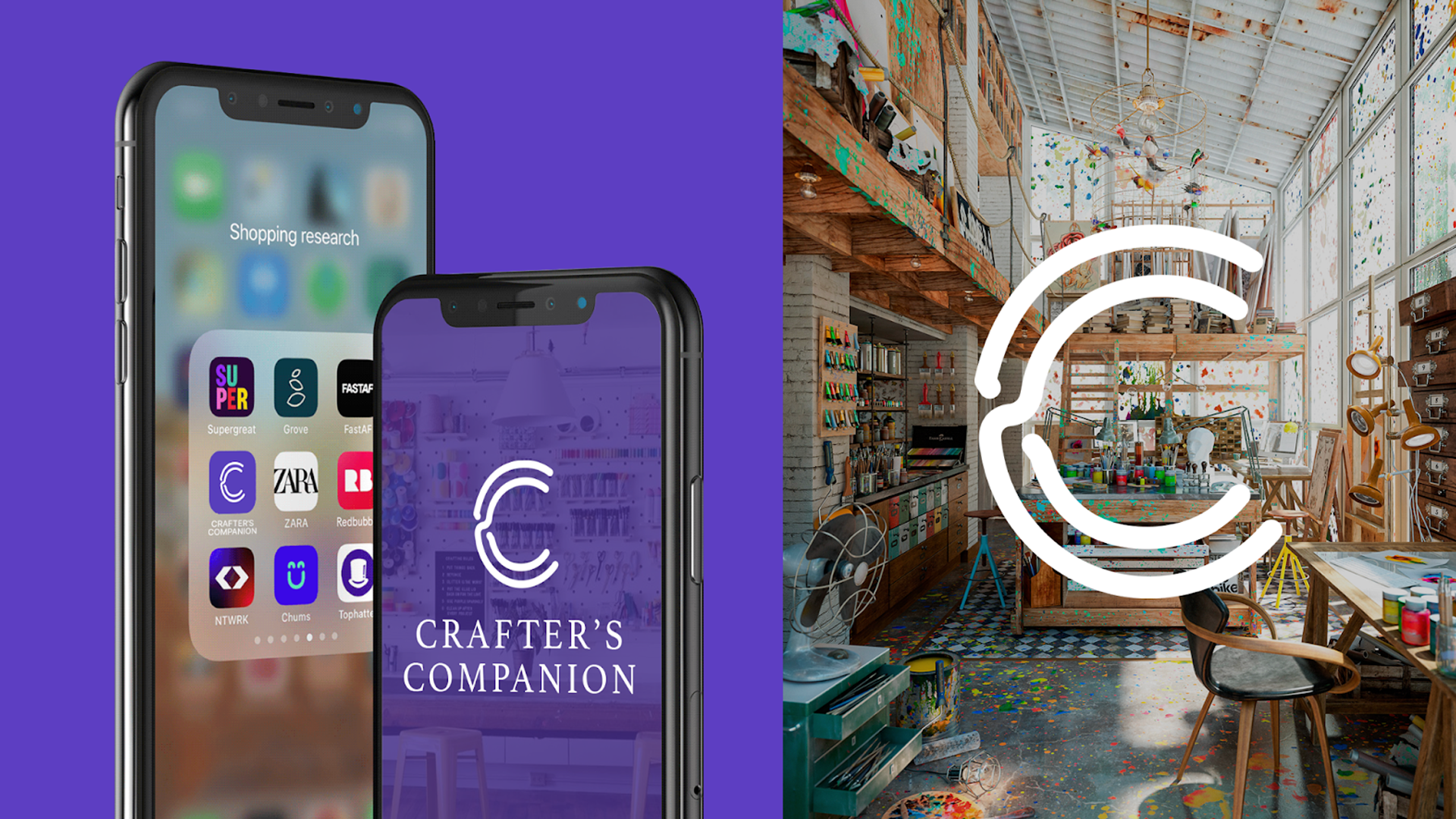 A couple of phones sitting next to each other on a purple background.
