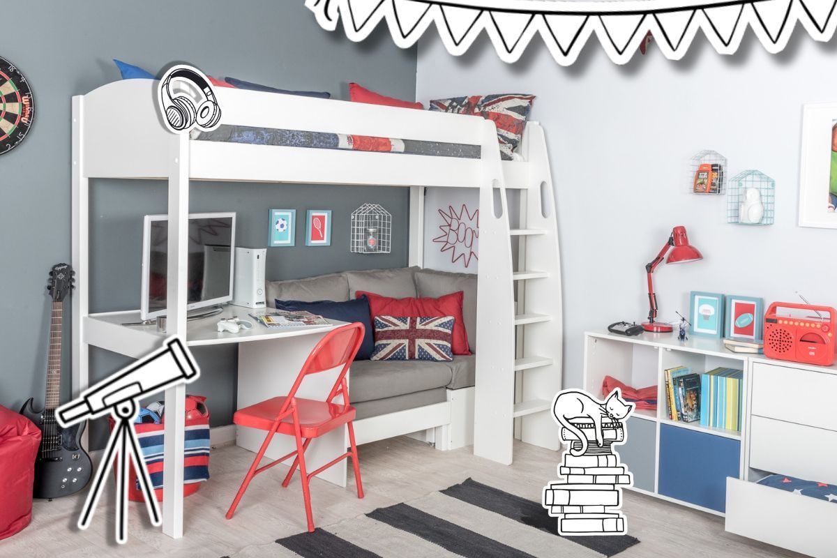 A bedroom with a bunk bed , desk , chair and telescope.