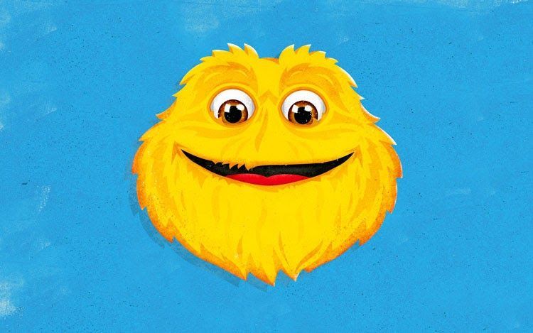 A yellow cartoon character is smiling on a blue background.