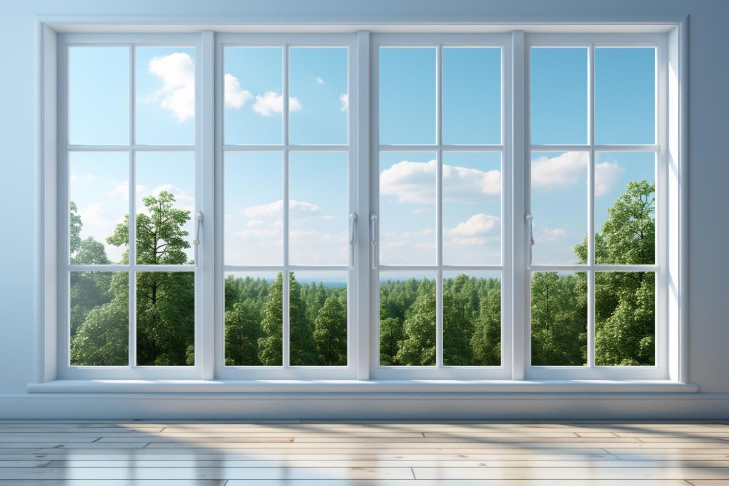 Large white-framed window overlooking green trees and blue sky with clouds
