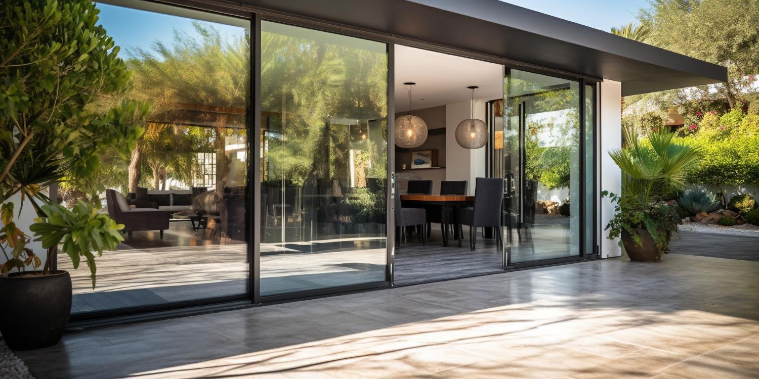 Modern glass-walled patio with a dining area and plants in bright sunlight