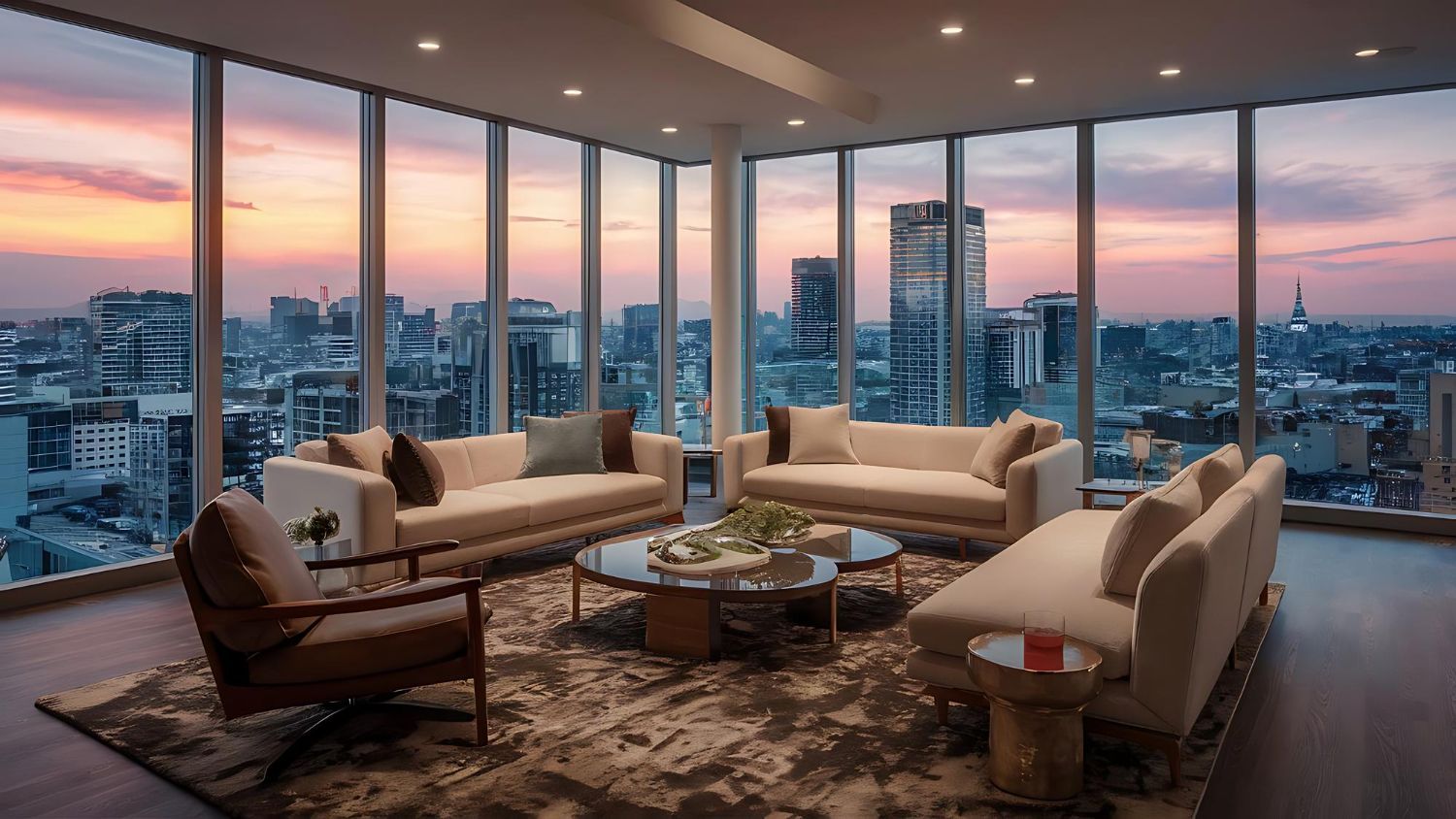 Modern lounge with beige sofas, glass coffee table, and panoramic city sunset view