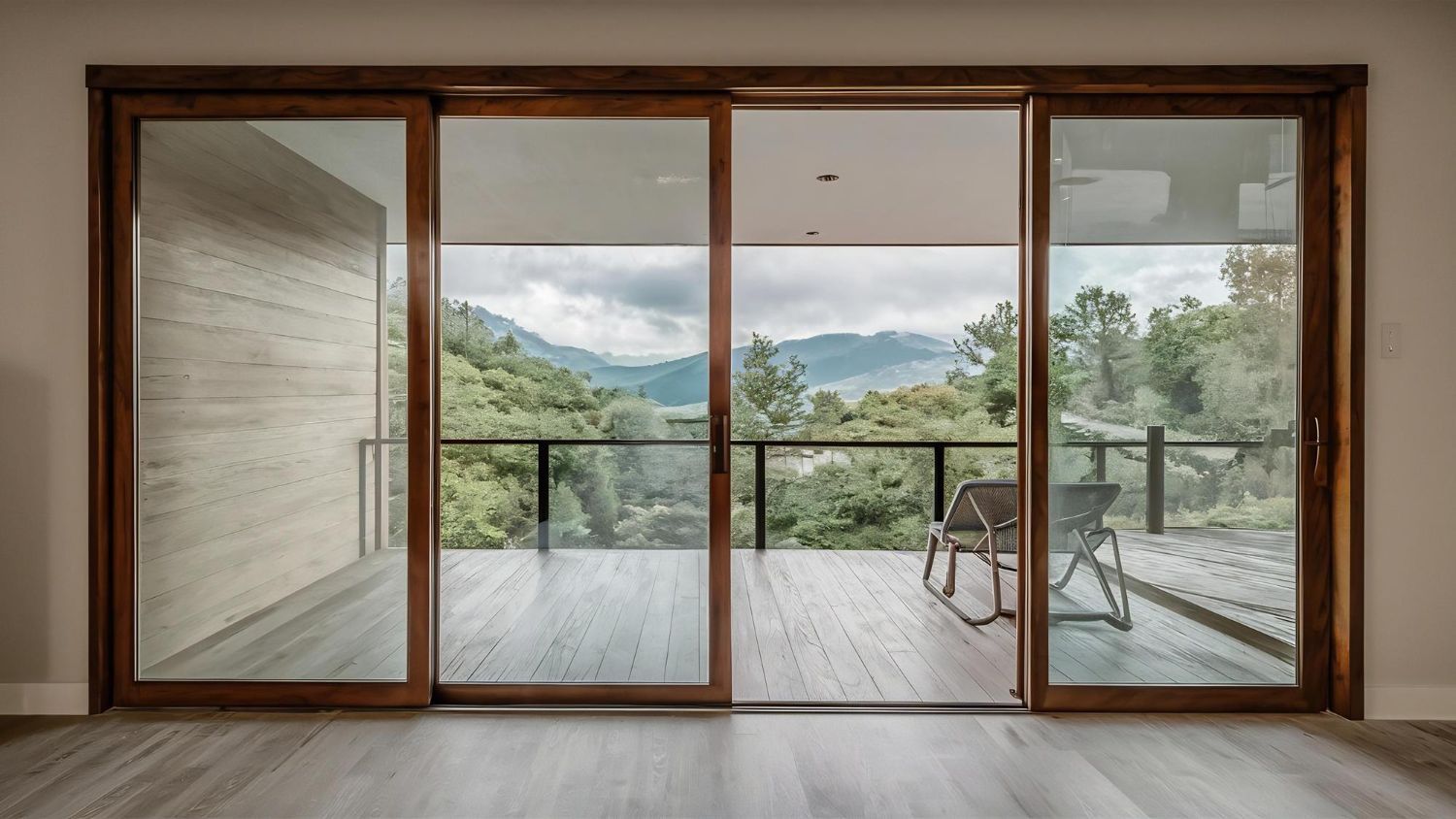 Modern room with sliding glass doors opening to a balcony and mountain view, with a chair outside.