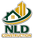 Logo for NLD Construction: Green and gold building and house over swoosh, with "NLD CONSTRUCTION" text.